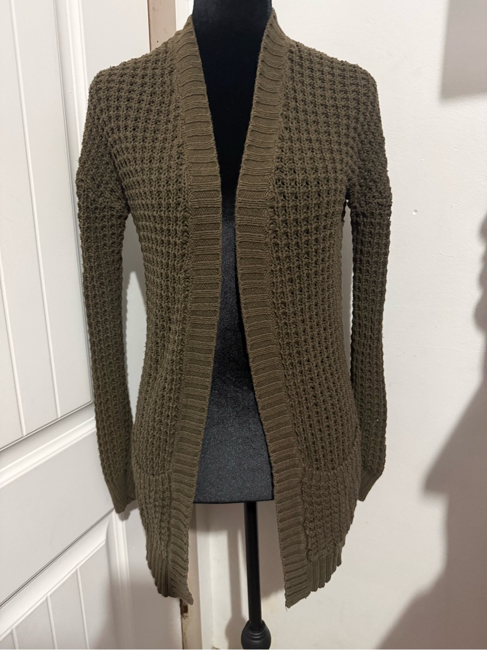 Express Olive Green Waffle-Knit Open-Front Cardigan